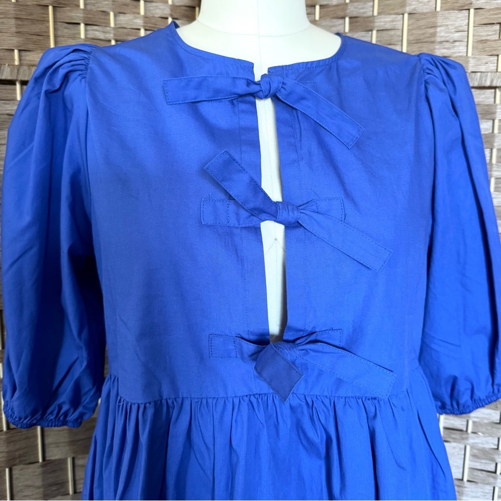 NWT blue tie-front 100% cotton popover dress S - Picture 2 of 11